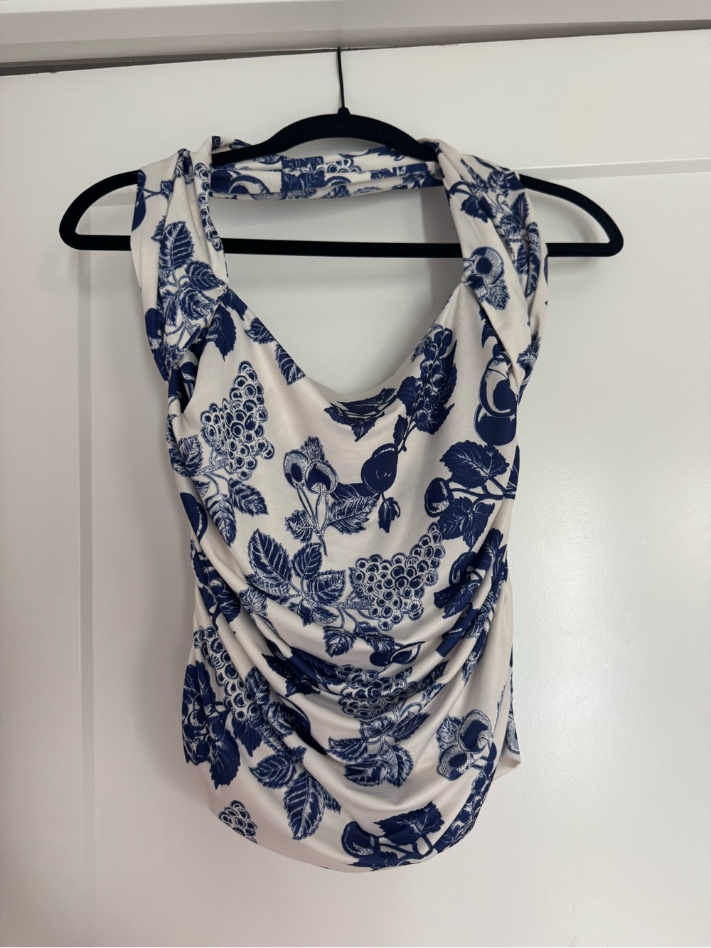 Free People White and Navy Blue Floral Drape Tank Top